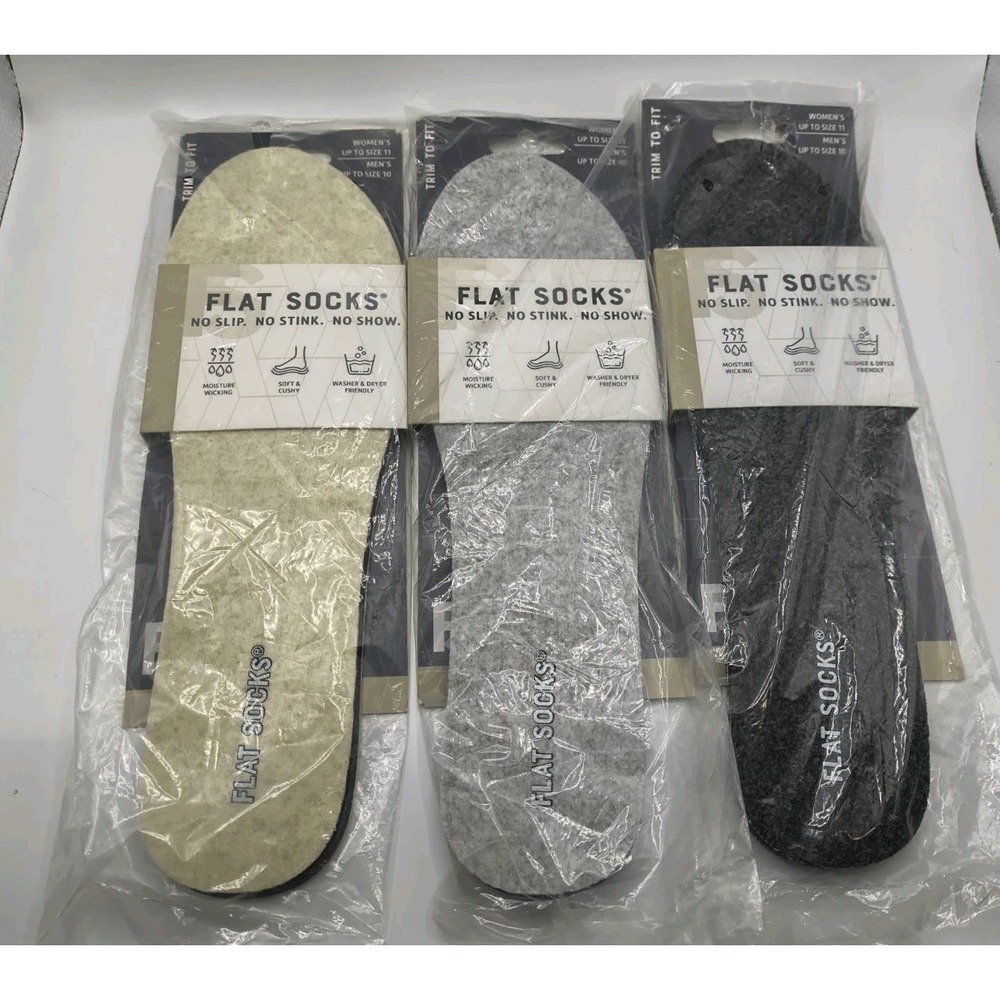 3-FLAT SOCKS-SMALL- Sockless Shoe Liner NIB-MICROWOOL-SAND/LGT/DRK HEATHER GREY